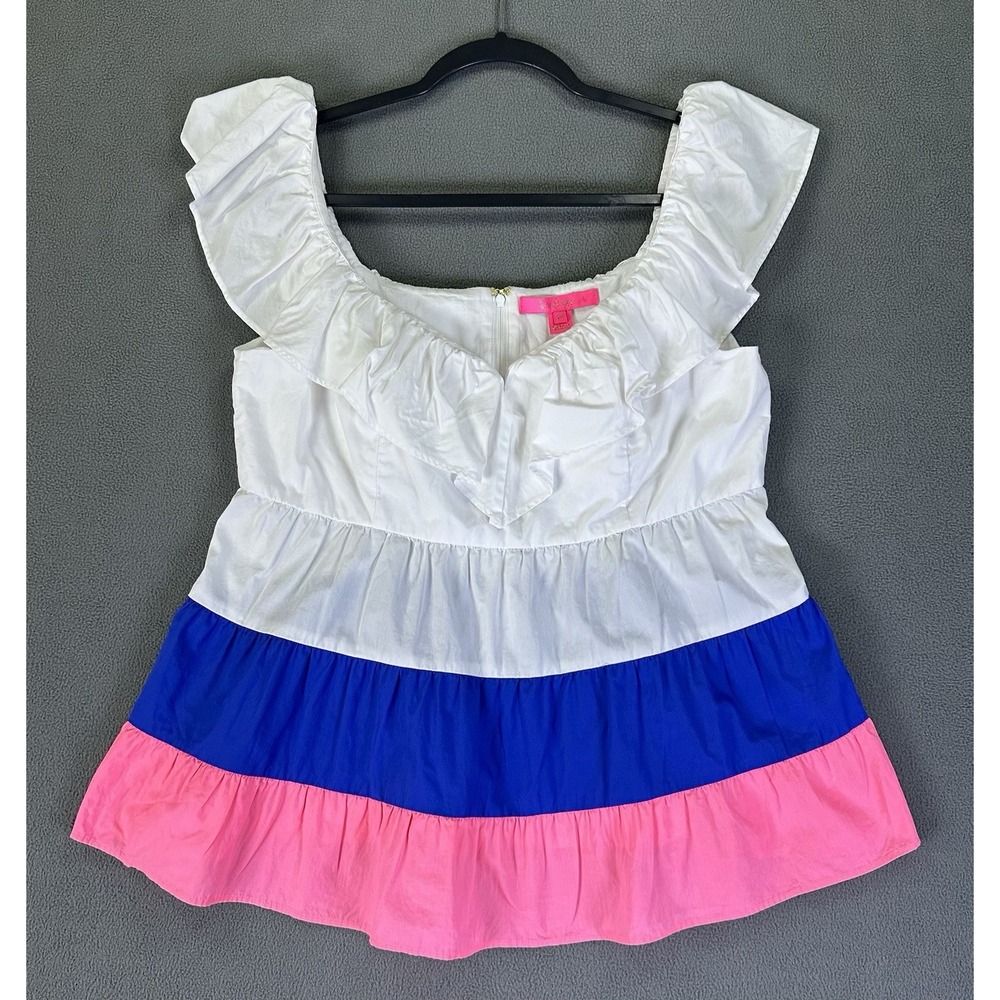 Lilly Pulitzer Top Size 10 White Pink Emie Ruffle Resort Beach Coconut Babydoll